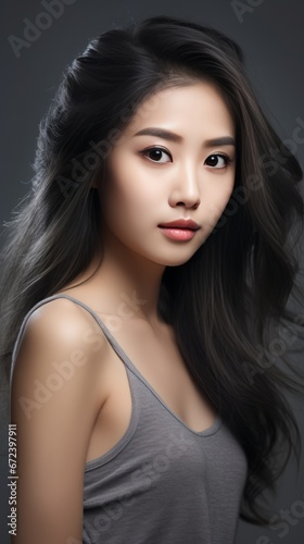 gorgeous young Asian lady with clean fresh skin & body on a gray background, flowing hair