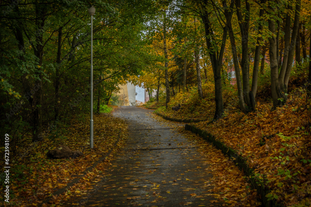 Dark autumn alley on hill with Broumovska street in Liberec city