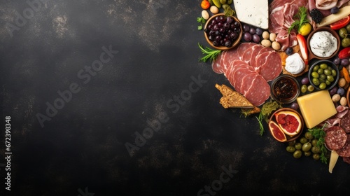 Assortment of charcuterie cheeses  meats  and appetizers. Top view double border on a dark stone background with copy space