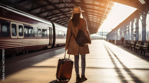 Stylish woman with a suitcase on the station platform. A young traveler is heading on vacation. Travel concept, vacation.