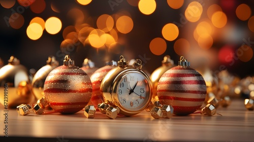 Relógio de alarme preto marcando 2023 e 2024 sobre mesa de madeira, espaço para preparação do conceito Feliz Natal e Próspero Ano Novo.