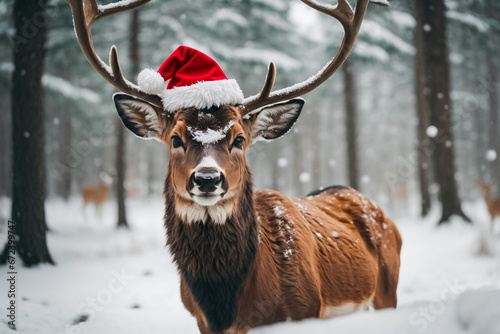 Portrait of a deer in a Santa s hat against the backdrop of a snowy forest