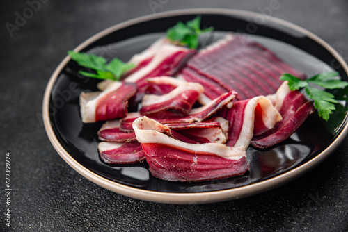 Obraz na plátně duck meat dried breast magret smoked jerky cured dried fresh eating appetizer me