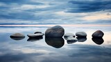  a group of rocks sitting in the middle of a body of water with a sky filled with clouds in the background.  generative ai