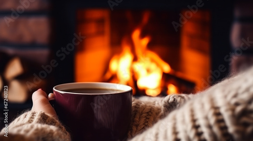 Cozy winter photo. Close-up of a woman holding a cup of hot tea in a living room with a fireplace and Christmas tree. The concept of comfort, relaxation.