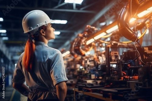 Factory female worker monitoring an assembly line in a industry photo