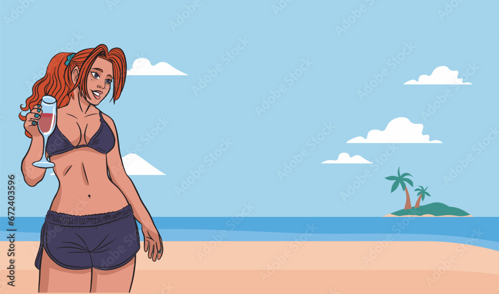 Illustration of redhead woman in bikini with shorts on the beach holding a refreshing drink. Background with beach, clear sky and an island in the high seas. Tropical summer. Vector design.