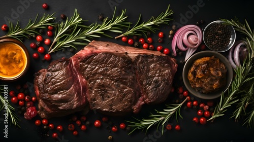 Bife de costela grelhado com alecrim e cebola marinada em uma mesa de pedra preta. photo