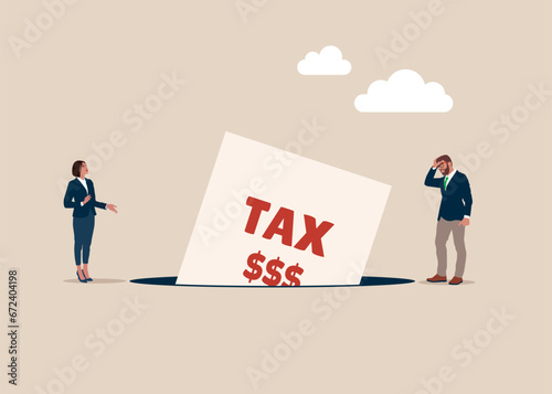 Tax bills fell into a pit. Good review for product, rating to product. Accounting or bills, wealth management. Vector illustration