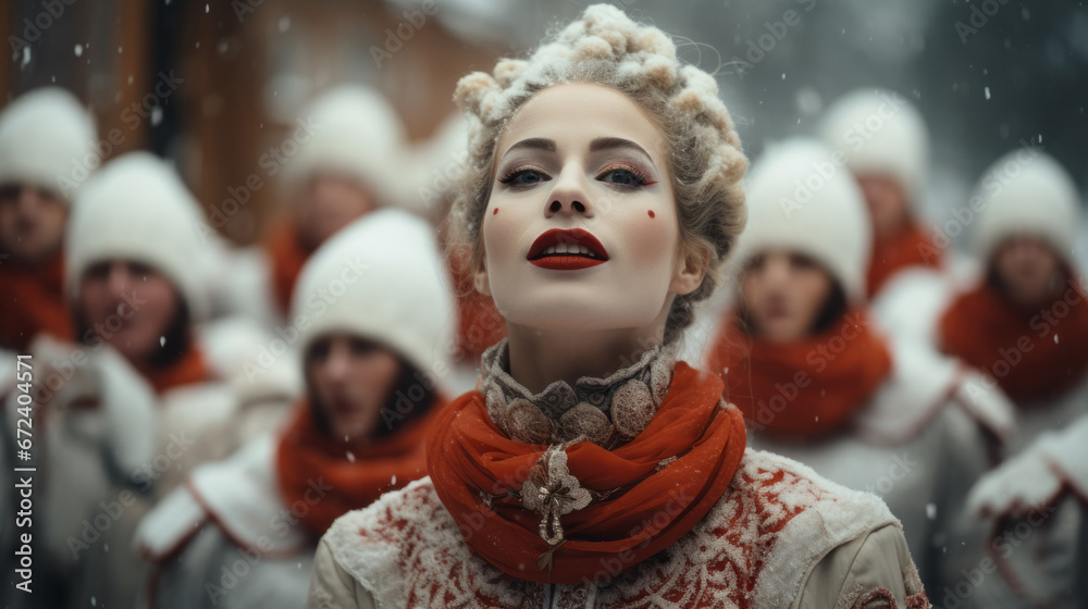 A beautiful girl in a white coat embroidered with decorations, with festive makeup on her face, against a blurry background of a winter costume parade. Christmas festive procession