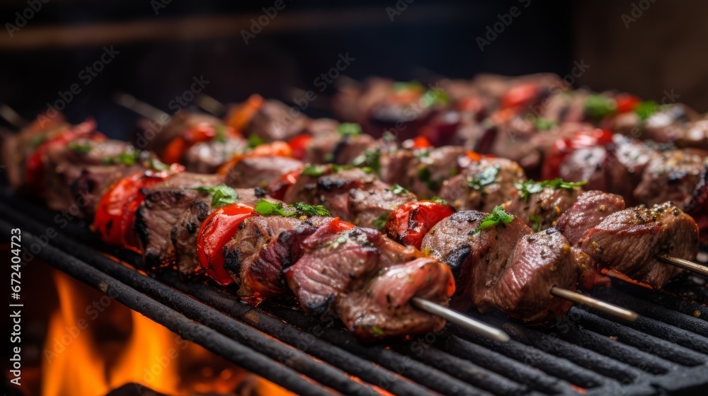 A Close-Up of skewers loaded with marinated lamb on a grill
