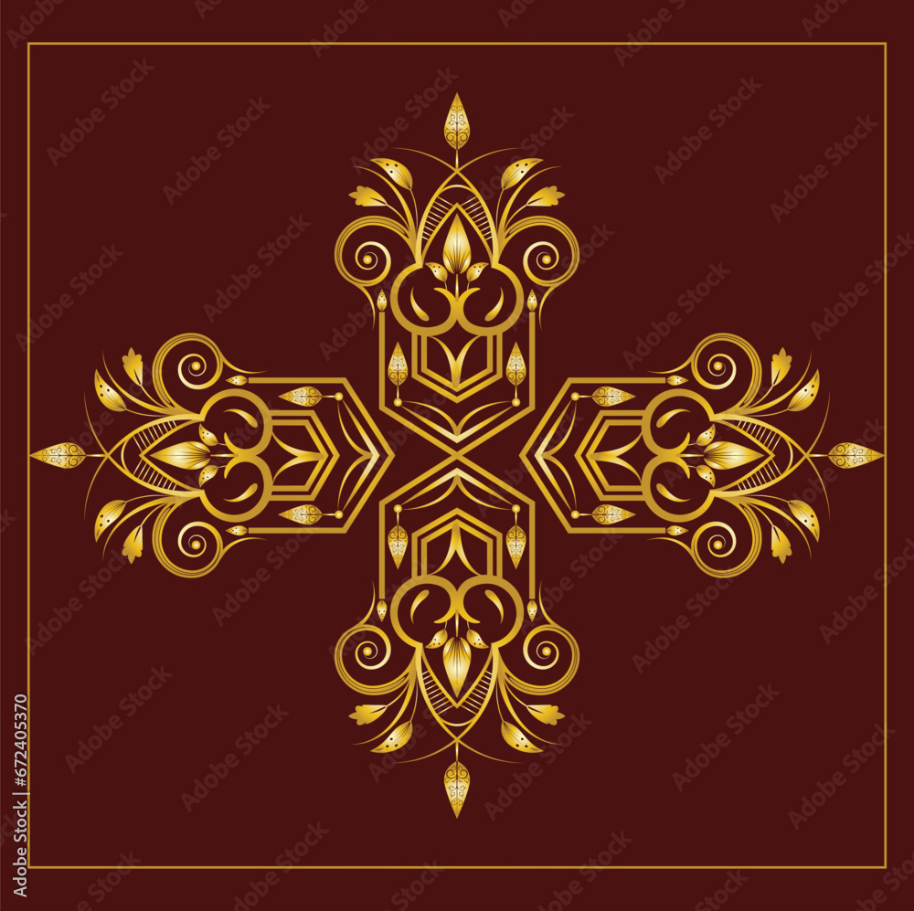 Golden ornamental flower background design vector on dark red