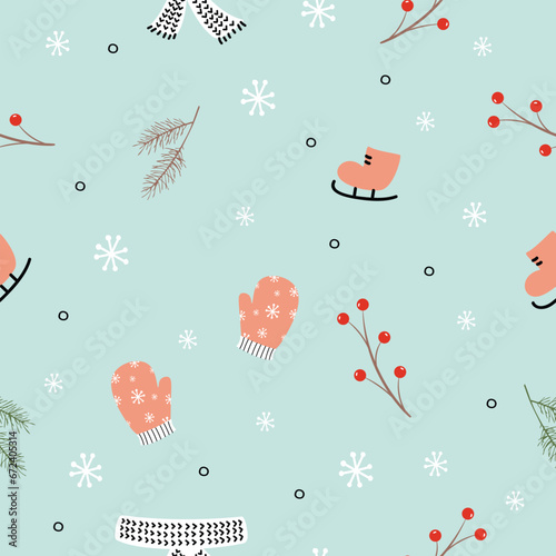 
Seamless pattern with cozy winter elements. Vector illustration. Pastel blue color. For textile, wallpaper, print design