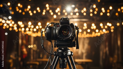 Câmera de Vídeo Moderna com Tela Digital Gravando Entrevista em Estúdio de Programa de TV photo