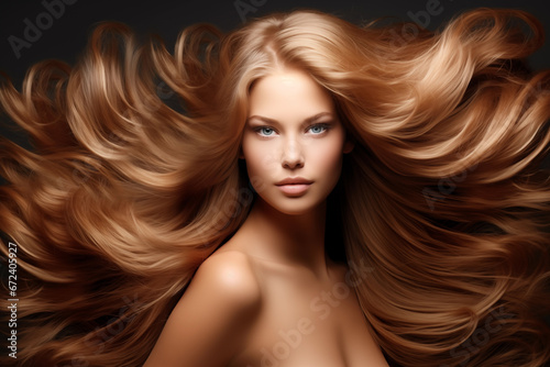 Young woman with beautiful blond hair, shiny developing flying hair © Victoria