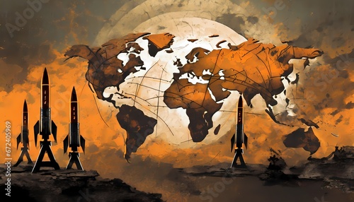 World map with all continents. Planetary catastrophe concept. Atomic war with threatening missiles. Planet Earth in an overheating and rusting atmosphere. Orange colour.