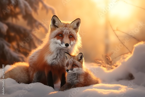 Winter's Delight: A Family of Foxes in a Snow-Covered Countryside