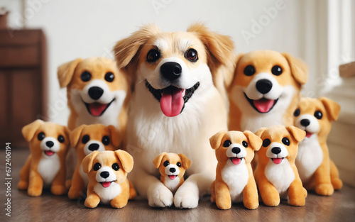 Happy Dog Surrounded by Identical Stuffed Toy Dogs 