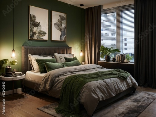 a green bedroom with dark colored walls, large bed and plants photo