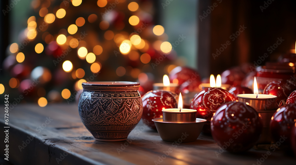 Luxury Christmas backgrounds. Christmas background with Christmas balls with bokeh effect. Space for congratulatory text. AI generated.