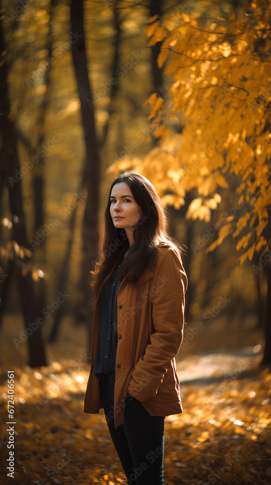 Young beautiful woman with long dark hair standing thoughtfully in the autumn park on yellow trees background Young beautiful woman with long dark hair standing thoughtfully in the autumn park on yellow trees background