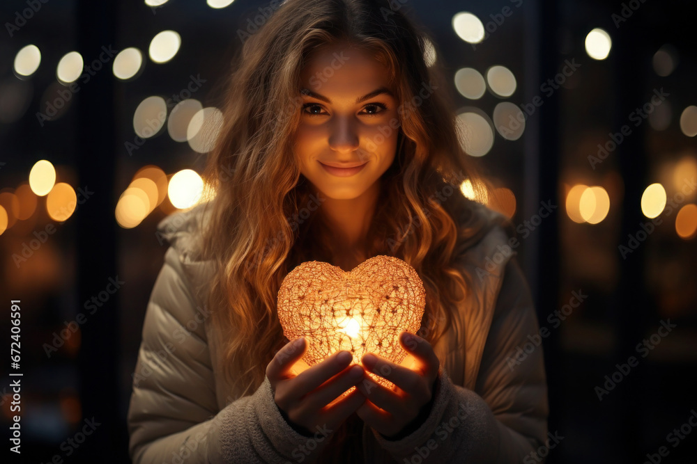 Woman hold glowing heart in hands against blurred background with bokeh lights. Love and romantic emotion concept. - obrazy, fototapety, plakaty 