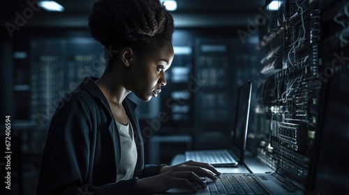 Woman is working on a computer in a server room.