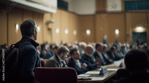 Man is standing in front of a room full of people.