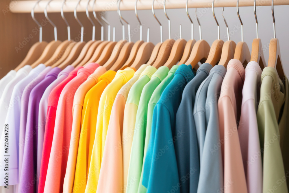 Wardrobe rack with colorful clothes on hangers