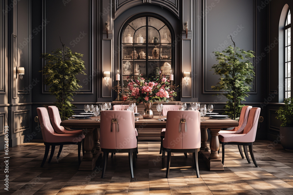 Luxury dining room interior design. 3D Rendering.