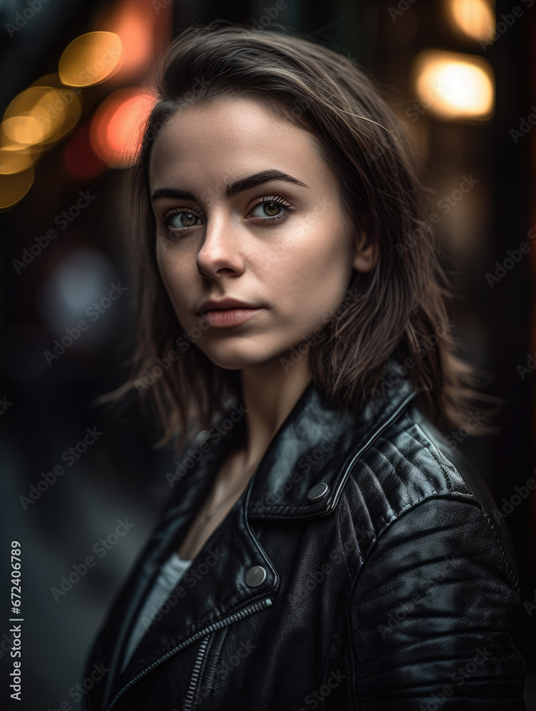 Woman in a leather jacket is posing for a photo. Woman in a leather jacket is posing for a photo.