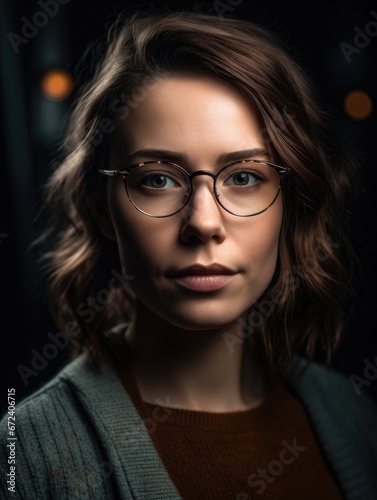 Woman wearing glasses in front of a dark background.