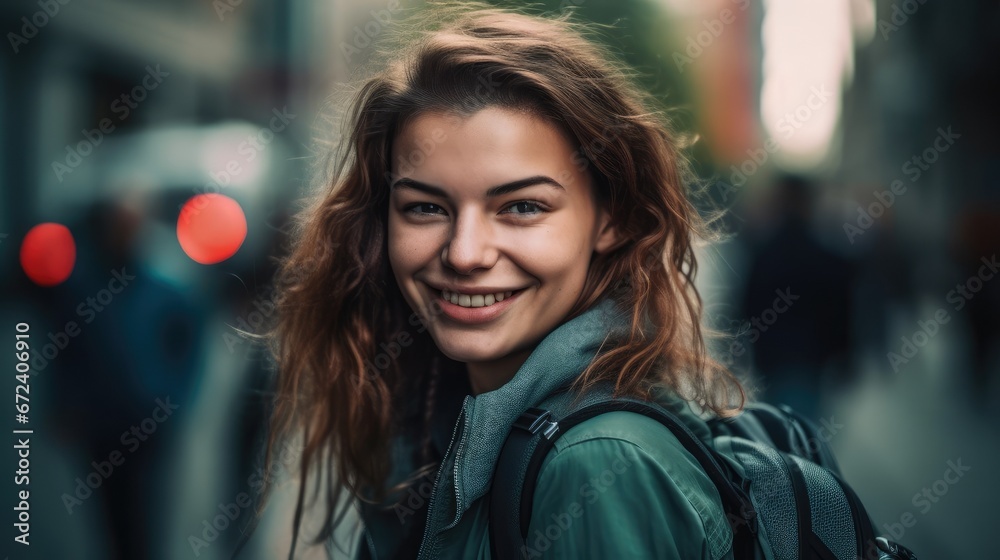 Fototapeta premium Young woman with a backpack smiling in a city.
