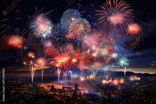 Colorful fireworks in the night sky over city. Holiday celebration and anniversary concept