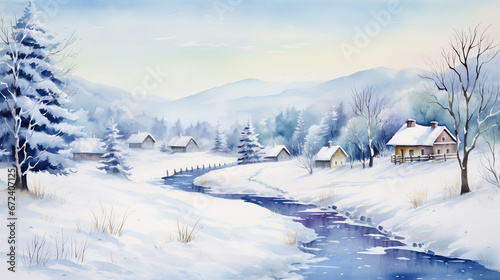 Watercolor painting of snowy landscape in winter with trees, rural houses and frozen river. Beautiful artistic image for poster, wallpaper, art print. 