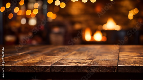 木のテーブルと背景にある薪ストーブ photo