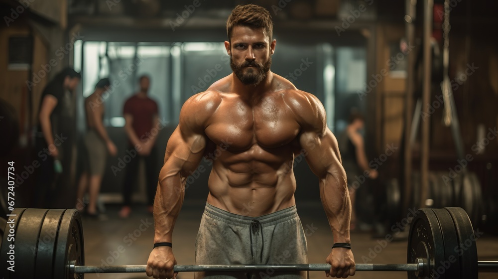 A full-body shot of a muscle gym man holding a Barbell with his hands A full-body shot of a muscle gym man holding a Barbell with his hands