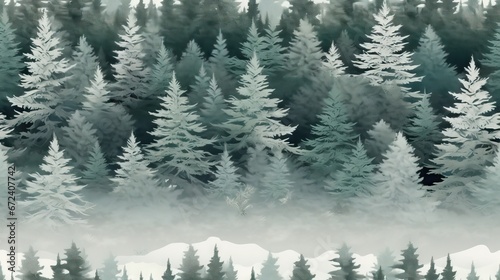  a black and white photo of a forest with snow on the ground and evergreen trees in the foreground, and a foggy sky in the background. generative ai