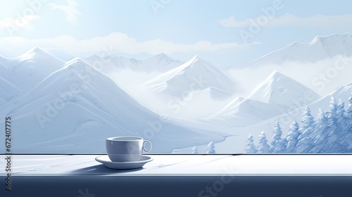  a cup of coffee sits on a window sill in front of a snowy mountain scene with a cup of coffee in the foreground. generative ai