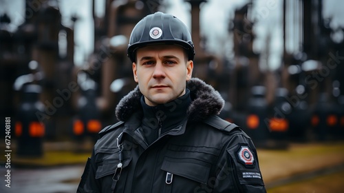 Técnico Sorridente em Uniforme de Segurança em Refinaria de Petróleo.