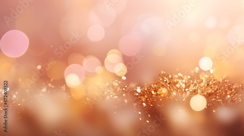 An abstract composition with pastel peach and golden particles. Lustrous dawn light shine particles bokeh on a blush pink background. Gold foil texture created with AI technology