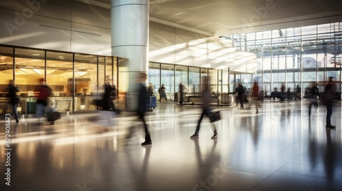 Large Busy Airport or Subway Terminal Hub Interior with Many People Moving Walking in Motion Blur for Travel at Angled View with Sunlight Widows, High Ceiling