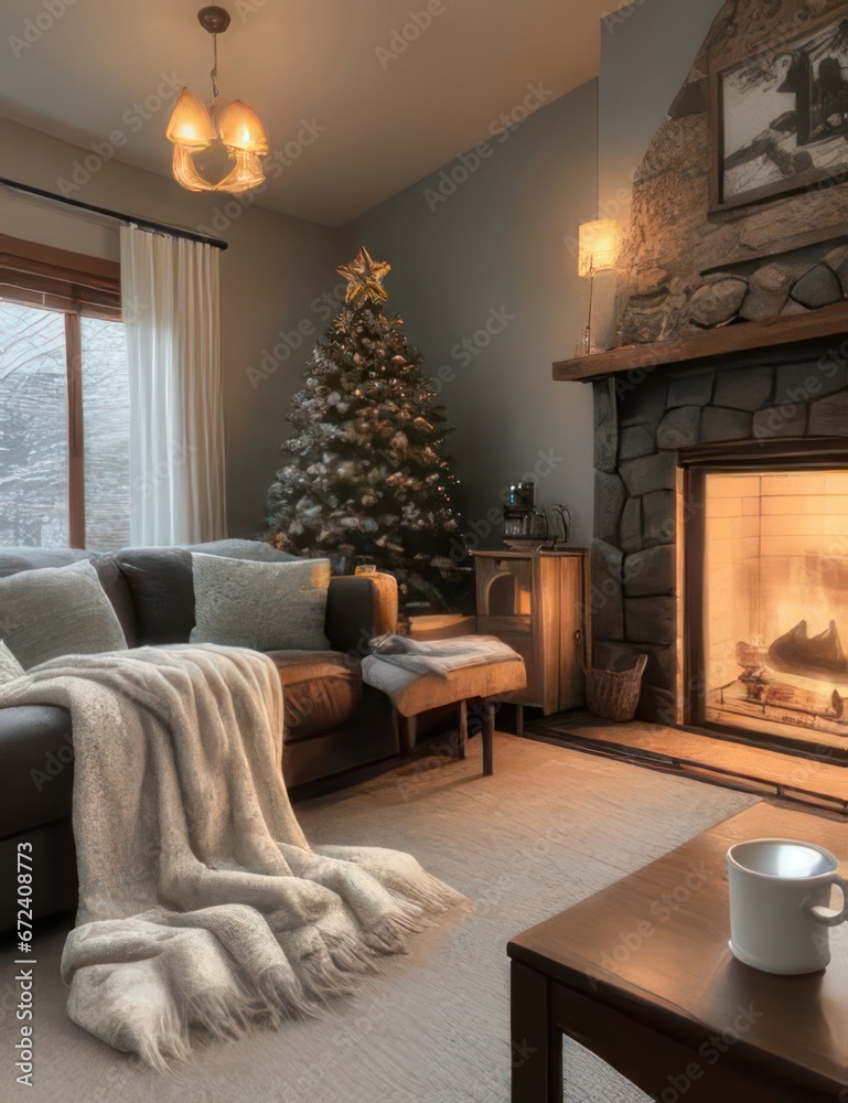 Cozy living room with fireplace and Christmas tree, family holiday, New Year and Christmas Cozy living room with fireplace and Christmas tree, family holiday, New Year and Christmas