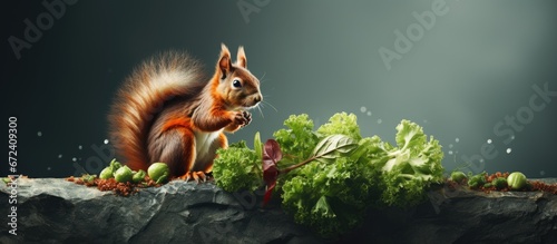 A lettuce consuming squirrel perched on a rock