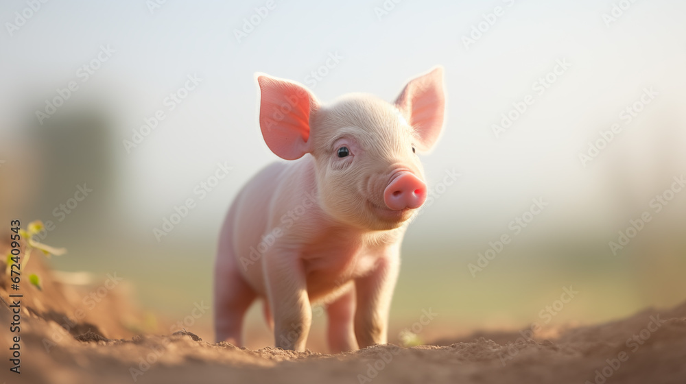 Close-up portrait of funny piglet on natural farm background. Minimalistic style. AI generated content. Close-up portrait of funny piglet on natural farm background. Minimalistic style. AI generated content.