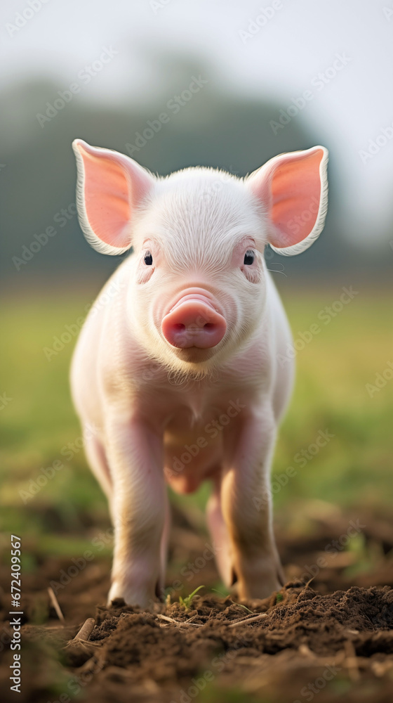 Close-up portrait of funny piglet on natural farm background. Minimalistic style. AI generated content. Close-up portrait of funny piglet on natural farm background. Minimalistic style. AI generated content.