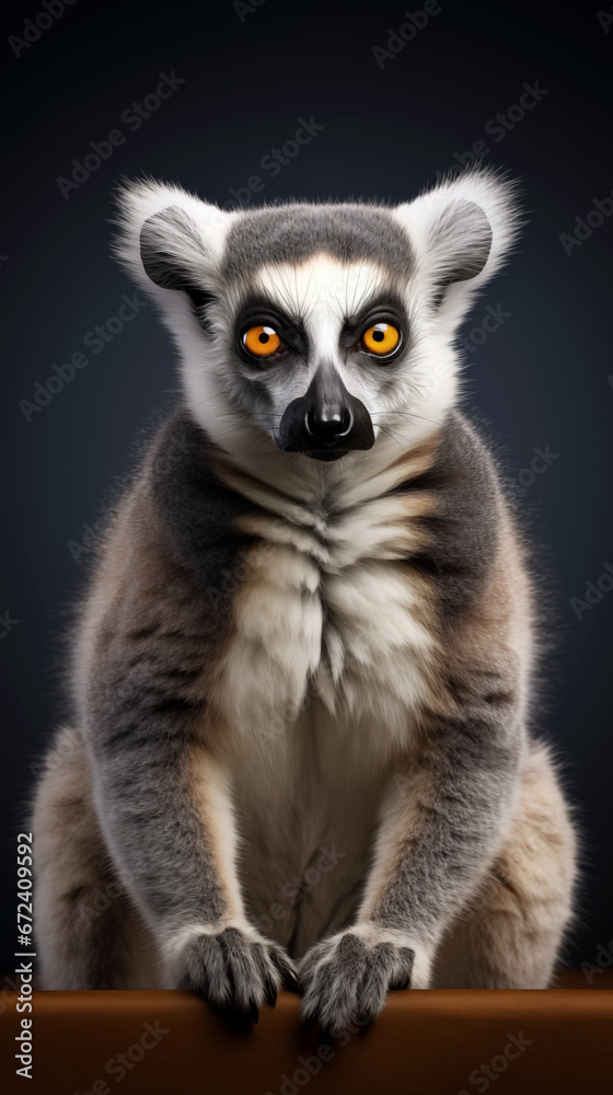 Portrait of a ring-tailed lemur on dark background. Minimalistic style. AI generated content.