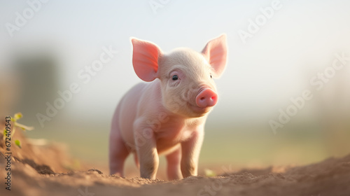 Close-up portrait of funny piglet on natural farm background. Minimalistic style. AI generated content.