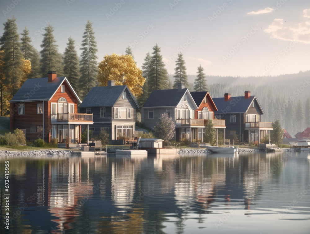 Group of houses on the shore of a lake. Group of houses on the shore of a lake.
