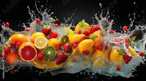 a bunch of fruit is splashing into a glass of water with a splash of water on top of it. generative ai